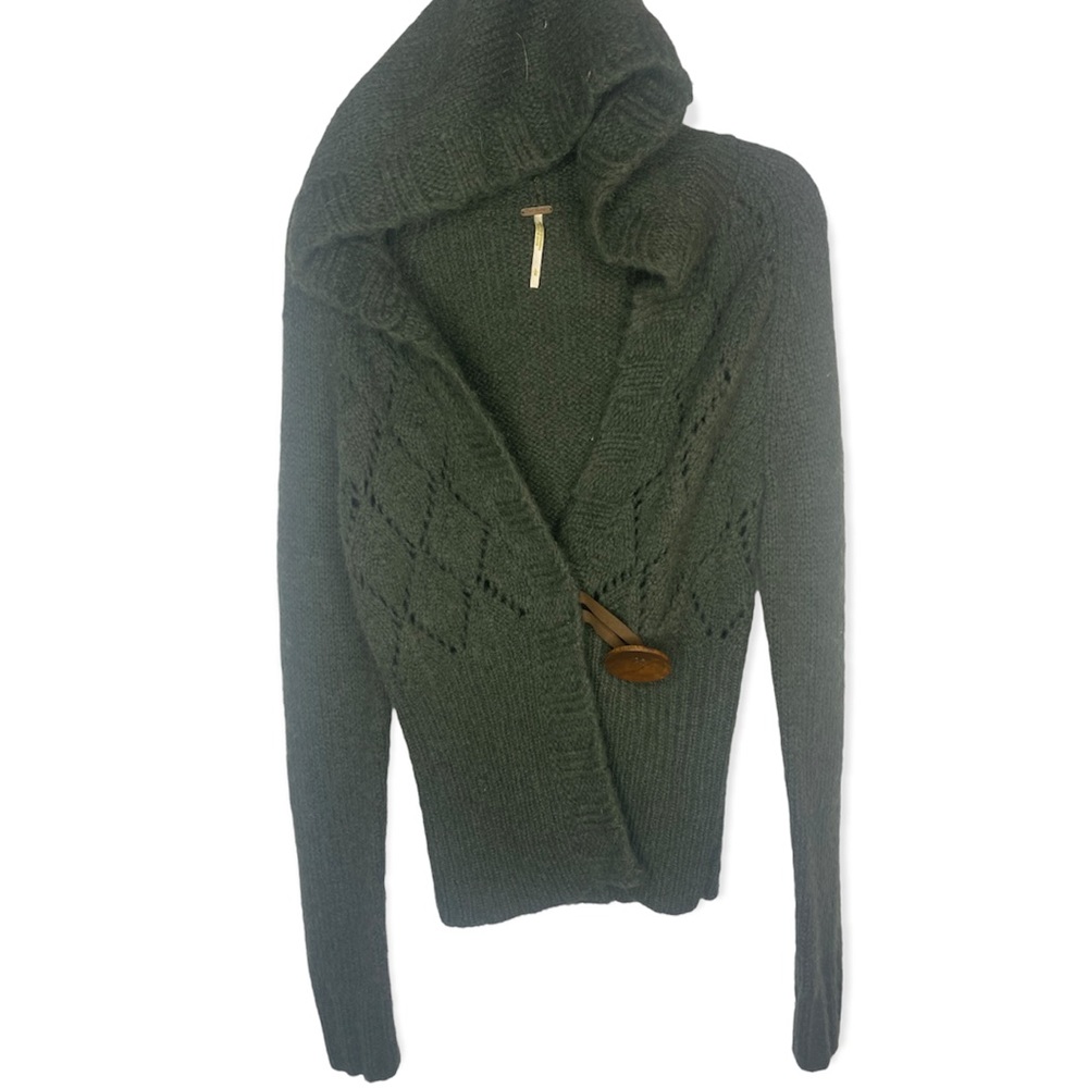 Free People Green Knit Large One Button Sweater Large Cardigan L Wool Boho Gran
